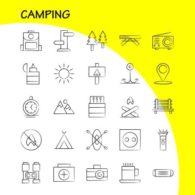 Kamp el çekilmiş Icon Pack için tasarımcılar ve geliştiriciler. Kamp, Outdoor, tezgah, seyahat, kamp, simgeler maç, açık, ateş, vektör