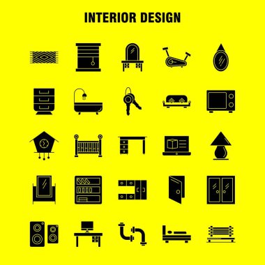 İç tasarım sağlam glif Icons Set için Infographics, mobil Ux/UI Kit ve baskı tasarımı. Şunları içerir: Halı, mobilya, ev, pencere, ev, ev, kapı, giriş, Eps 10 - vektör