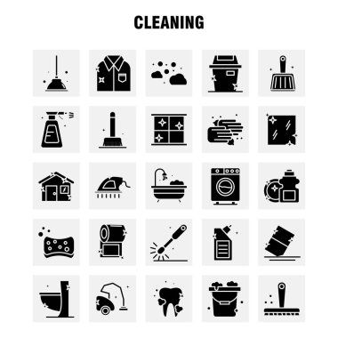 Katı glif simgeleri temizleme ayarlamak için Infographics, mobil Ux/UI Kit ve baskı tasarımı. Şunları içerir: fırça, fırça, temiz, bodur, dalgıç, tuvalet, tuvalet, aracı, Icon Set - vektör