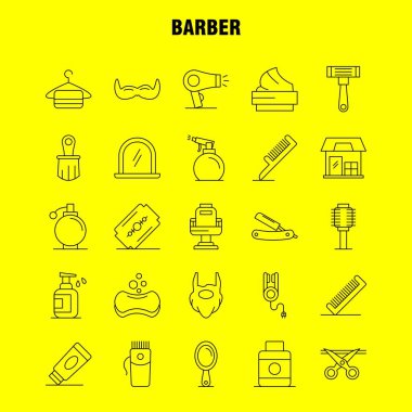 Satır Icons Set Infographics, mobil Ux/UI için berber Kit ve baskı tasarımı. Şunları içerir: Kuaför, yüz, ayna, Kuaför, güzellik, sandalye, saç, Kuaför, Icon Set - vektör