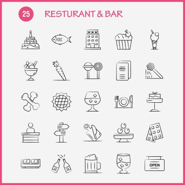Restoran ve Bar el çekilmiş Icon Web, baskı ve mobil Ux/UI için Kit. Gibi: yön, gezinti, işaret, yönetim kurulu, Hotel, Masa, açık, işaret, sembol paketi. -Vektör