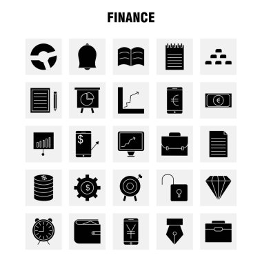 Finans sağlam glif Icons Set Infographics, mobil Ux/UI için Kit ve baskı tasarımı. Şunları içerir: Dolar, para, Not, rupi, bölmek, matematik, artı, eksi, koleksiyon Modern Infographic Logo ve piktogram. -Vektör