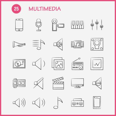 Multimedya el çekilmiş Icon Web, baskı ve mobil Ux/UI için Kit. Gibi: cep, telefonu, akıllı telefon, çağrı, kamera, dosya, fotoğraf, slayt, piktogram paketi. -Vektör