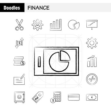 Finans elle çizilmiş simgeler kümesi Infographics, mobil Ux/UI için Kit ve baskı tasarımı. Şunları içerir: pasta grafik, grafik, iş, tanıtım, çan, zil, yüzük, koleksiyon Modern Infographic Logo ve piktogram. -Vektör