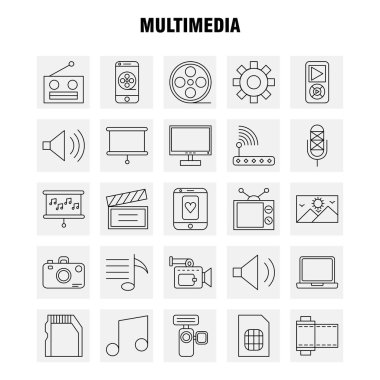 Multimedya satırı simgesi Web, baskı ve mobil Ux/UI için Kit. Gibi: dişli, korumak, ayar, aracı, ayarlama, hoparlör bilgisayar, donanım, piktogram paketi. -Vektör