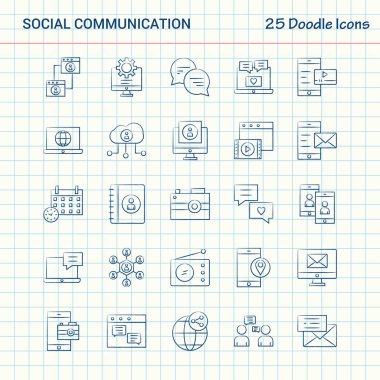 Sosyal iletişim 25 Doodle simgeler. Elle çizilmiş iş Icon set