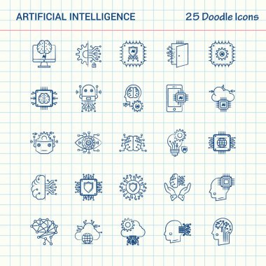 Yapay zeka 25 Doodle simgeler. Elle çizilmiş iş Icon set