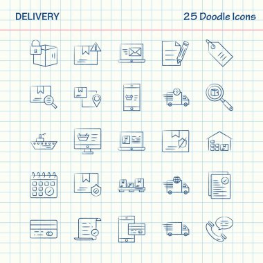 Teslimat 25 Doodle simgeler. Elle çizilmiş iş Icon set