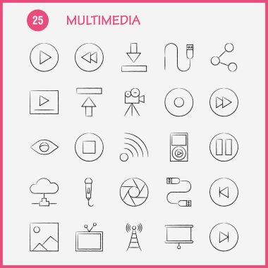 Multimedya el çekilmiş Icon Web, baskı ve mobil Ux/UI için Kit. Gibi: medya, mikrofon, mikrofon, ses, denetim, hızlı, ileri, medya, piktogram paketi. -Vektör