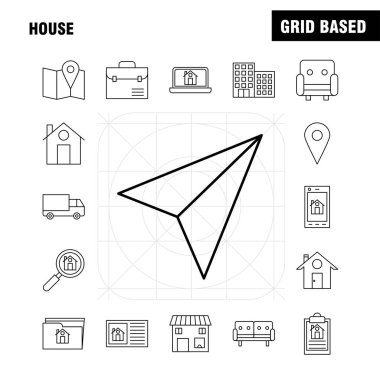 Web, baskı ve mobil Ux/UI için satırı simgesi ev kiti. Gibi: kağıt, Kağıt Uçak, uçak, başlangıç, House, büyütme, cam, piktogram paketi. -Vektör