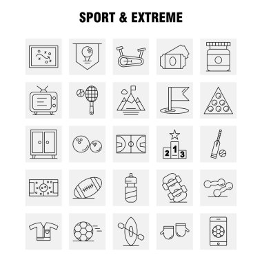 Spor ve ekstrem satır simgeleri ayarlamak için Infographics, mobil Ux/UI Kit ve baskı tasarımı. Şunları içerir: Futbol, top, oyun, spor, mobil, oyun, Online oyun, Icon Set - vektör