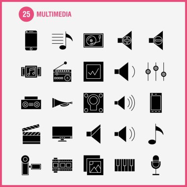 Web, baskı ve mobil Ux/UI için Multimedya katı glif simge seti. Gibi: cep, telefonu, akıllı telefon, çağrı, kamera, dosya, fotoğraf, slayt, piktogram paketi. -Vektör