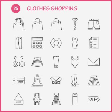 Elle çizilmiş simgeler alışveriş giyim ayarlamak için Infographics, mobil Ux/UI Kit ve baskı tasarımı. Şunları içerir: Elbise, kadın kıyafeti, bayanlar, hazır giyim, ceket, takım elbise kumaşı, giysiler, bezler, Eps 10 - vektör