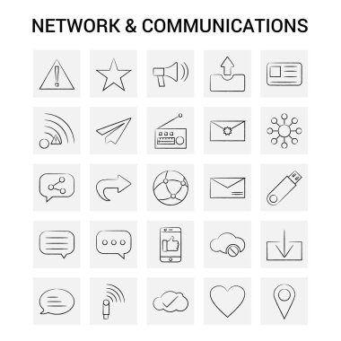 25 el çizilmiş ağ ve iletişim Icon set. Gri arka plan vektör Doodle