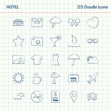 Otel 25 Doodle simgeler. Elle çizilmiş iş Icon set
