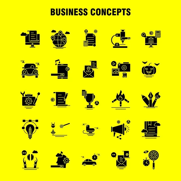 Business Concepts Solid Glyph Icons Set Infographics Mobile Kit Print — Stock Vector