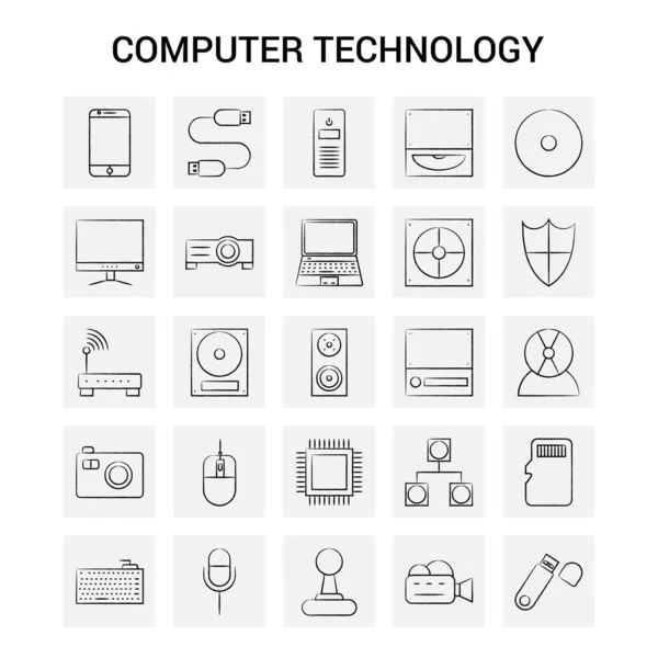 Çizilmiş Bilgisayar Teknolojisi Icon Set Gri Arka Plan Vektör Doodle — Stok Vektör