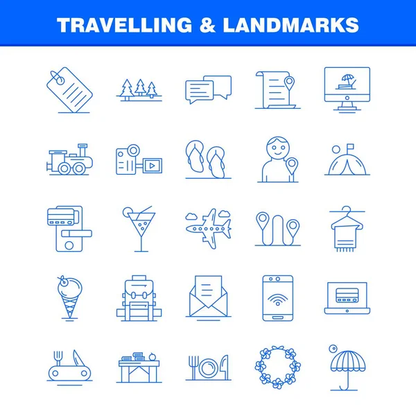 旅游和地标线图标的网络 打印和移动 象形文字包 — 图库矢量图片