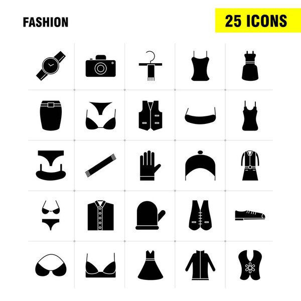 Fashion Solid Glyph Icons Set For Infographics, Mobile UX/UI Kit And Print Design. Include: Top, Cloths, Dress, Garments, Top, Cloths, Dress, Garments, Collection Modern Infographic Logo and Pictogram. - Vector