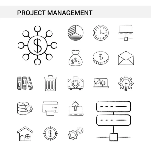 Project Management Dibujó Mano Estilo Conjunto Iconos Aislado Sobre Fondo — Vector de stock