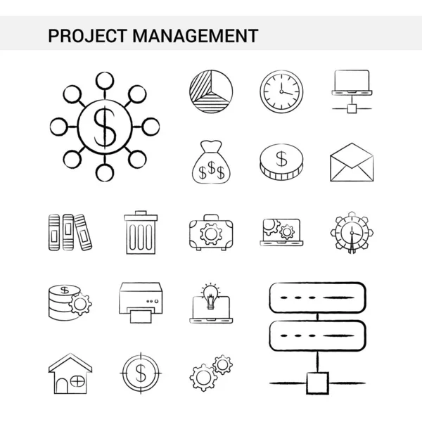 项目管理手绘图标设置风格 隔离在白色背景 — 图库矢量图片