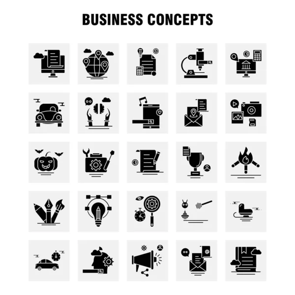 Business Concepts Solid Glyph Icons Set Infografica Mobile Kit Print — Vettoriale Stock