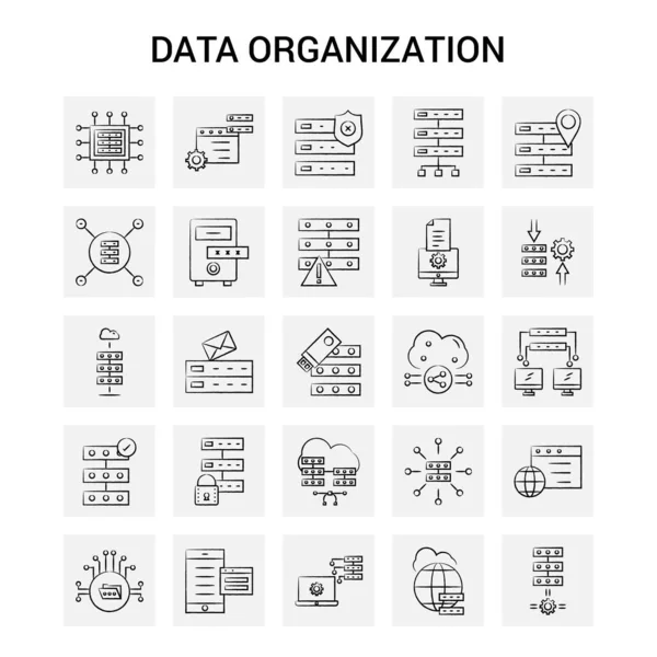 Conjunto Iconos Organización Datos Dibujados Mano Fondo Gris Vector Doodle — Archivo Imágenes Vectoriales