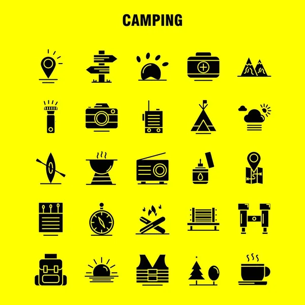 Conjunto Iconos Glifos Sólidos Para Camping Para Infografías Kit Móvil — Vector de stock
