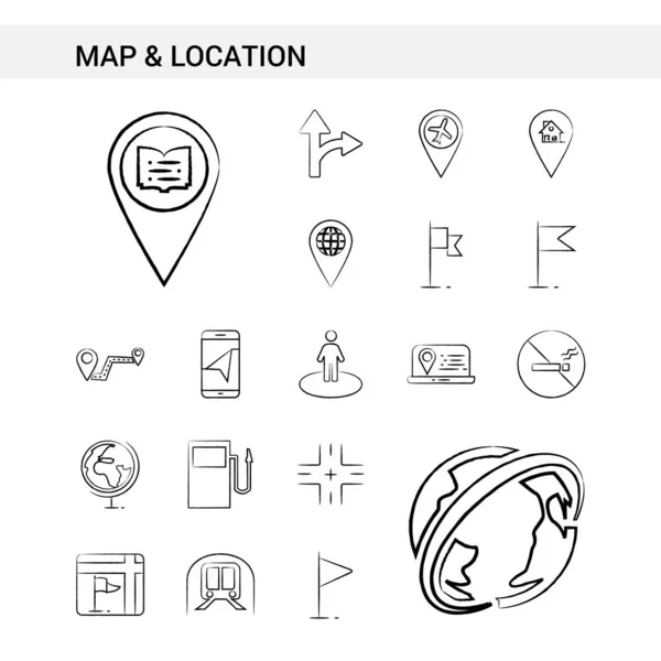 Carte Emplacement Dessiné Main Icône Ensemble Style Isolé Sur Fond — Image vectorielle