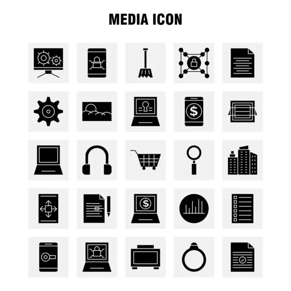 Medya Simgesi Katı Glif Icons Set Için Infographics Mobil Kit — Stok Vektör