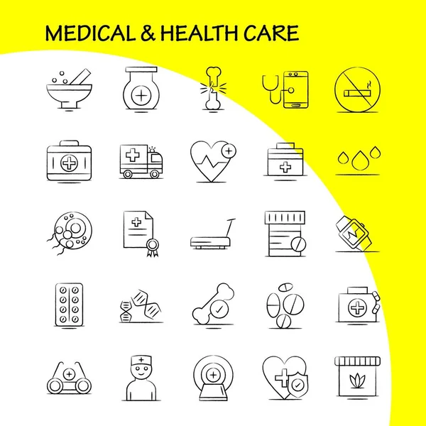 医療と健康管理は Web の描画したアイコンを手キット メディカル フィットネス マシン 絵文字パックします ベクトル — ストックベクタ