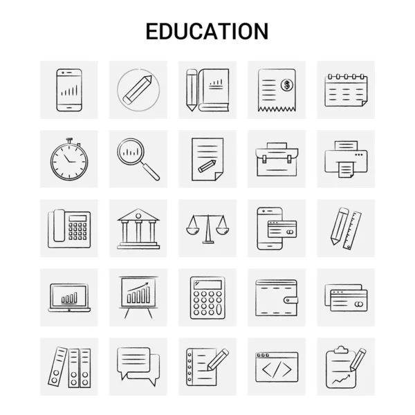 Eğitim Çekilmiş Icon Set Gri Arka Plan Vektör Doodle — Stok Vektör