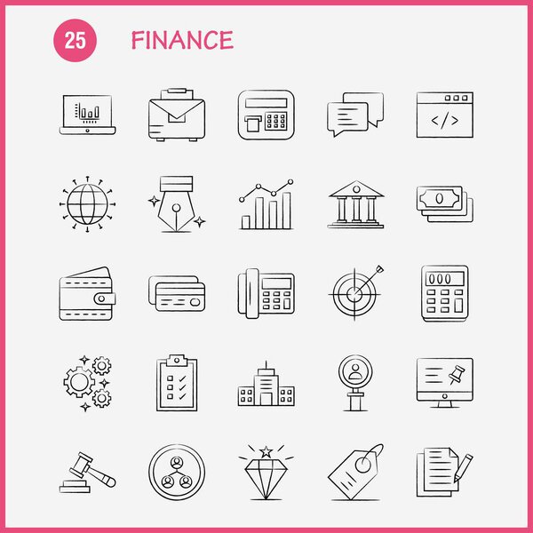 Finance Hand Drawn Icons Set For Infographics, Mobile UX/UI Kit And Print Design. Include: Computer, Pin, Text, Finance, Search, Research, Finance, Man, Icon Set - Vector