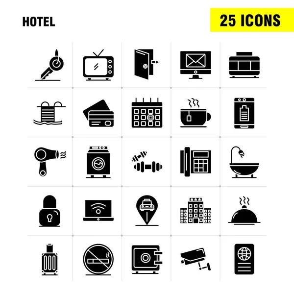 Los iconos sólidos del glifo del hotel fijaron para las infografías, equipo móvil de UX / UI A — Vector de stock