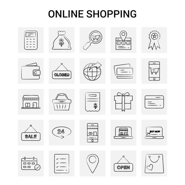 Çizilmiş Online Alışveriş Icon Set Gri Arka Plan Vektör Doodle — Stok Vektör