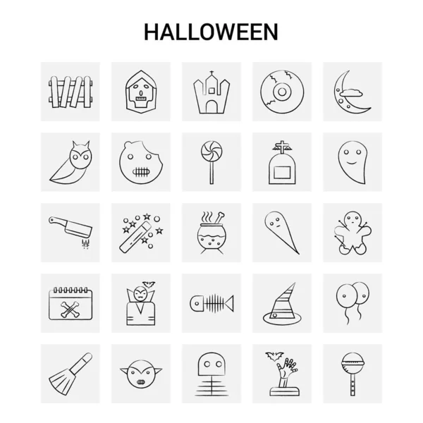 Handgezeichnetes Halloween Icon Set Grauer Hintergrund Vektor Doodle — Stockvektor