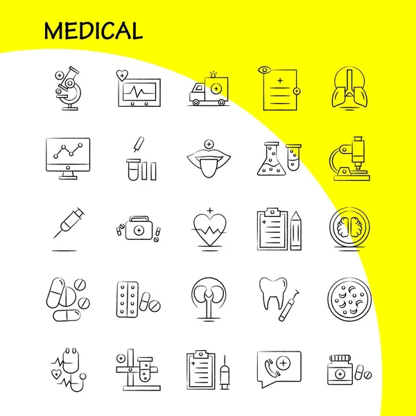 Medizinisches Handgezeichnetes Symbolset Für Infografik Mobiles Kit Und Druckdesign Umfassen — Stockvektor