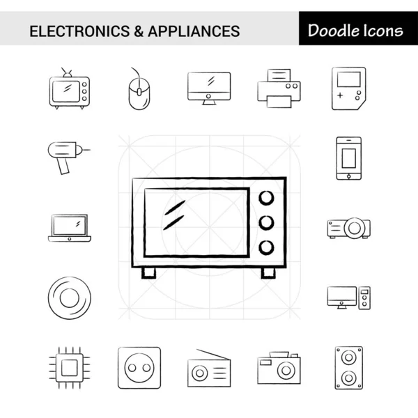 Ensemble Icônes Dessinées Main Pour Électronique Les Appareils Électroménagers — Image vectorielle