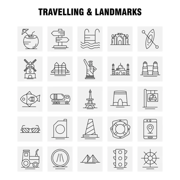 Иконка Travelling Landmarks Line Web Print Mobile Kit Например Fish — стоковый вектор