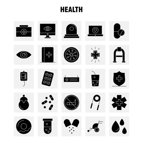 适用于 Web 打印和移动 套件的健康固体字形图标 平板电脑 医疗保健 象形图包 — 图库矢量图片