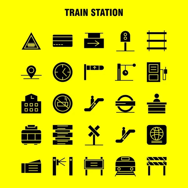 Train Station Solid Glyph Icons Set Infographics Mobile Kit Print — стоковый вектор