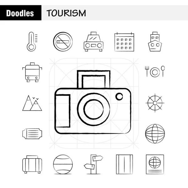 Toerisme Hand Drawn Icon Pack voor ontwerpers en ontwikkelaars. Pictogrammen — Stockvector