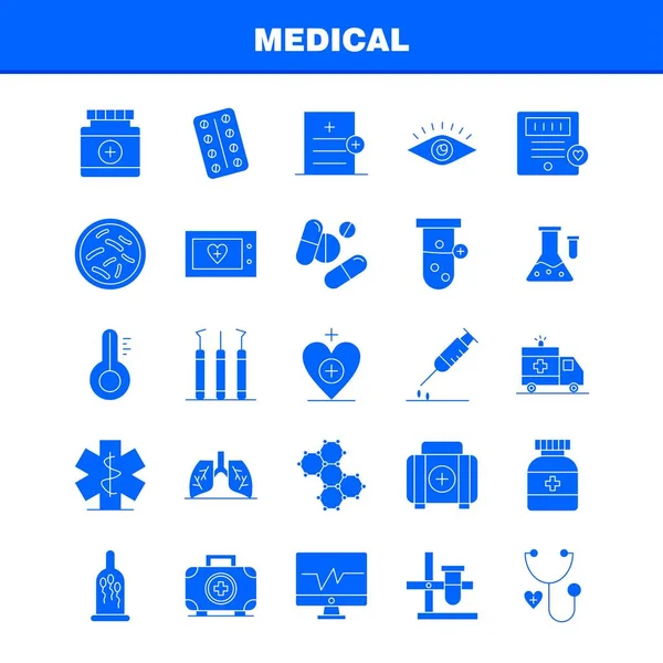 Iconos Médicos Del Glifo Sólido Fijados Para Las Infografías Equipo — Archivo Imágenes Vectoriales