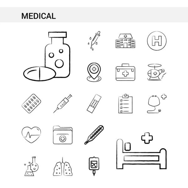 Médico Mão Desenhada Ícone Set Estilo Isolado Fundo Branco Vector —  Vetores de Stock