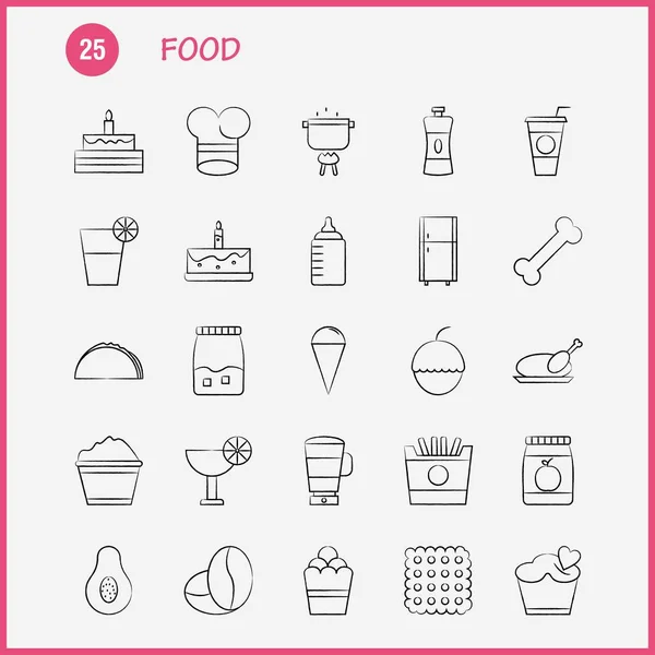 Set Icone Disegnate Mano Alimenti Infografica Kit Mobile Design Stampa — Vettoriale Stock