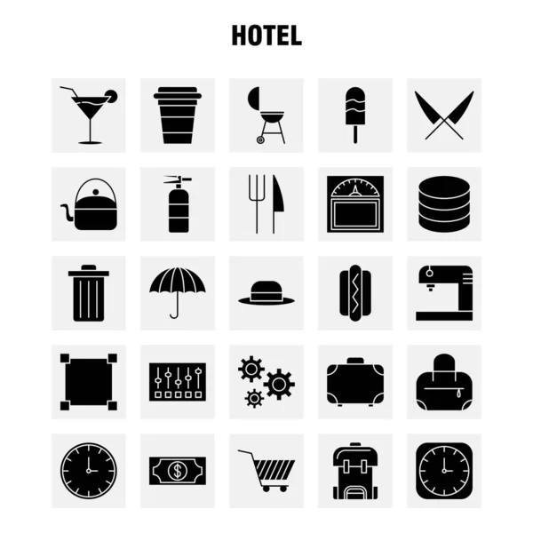 酒店坚实的字形图标的网络 打印和移动 时间优化 重量机 象形图包 — 图库矢量图片