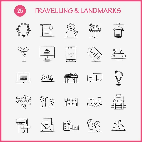 旅行和地标手绘图标的网络 打印和移动 象形文字包 — 图库矢量图片