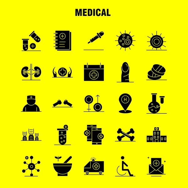 Icone Glifo Solido Medicale Infografica Kit Mobile Design Stampa Includi — Vettoriale Stock