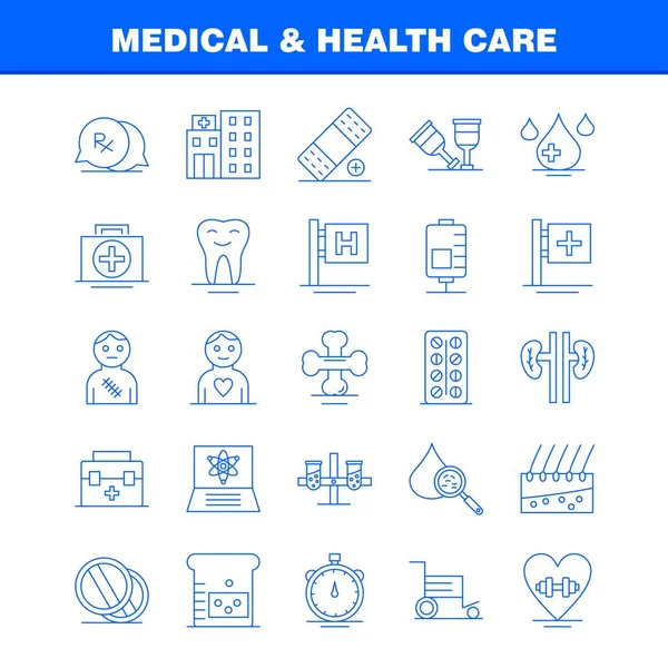 Icona Linea Medica Sanitaria Web Stampa Mobile Kit Come Medico — Vettoriale Stock