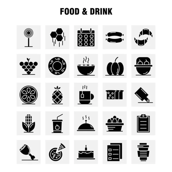 食品和饮料固体字形图标设置为信息图形 套件和印刷设计 羊角面包 热图标集 — 图库矢量图片
